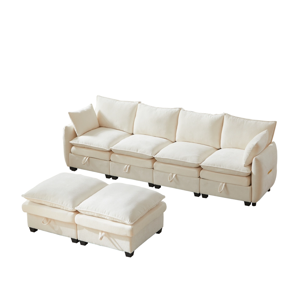 Divano U Modulare con Contenitore ¨C MINIMAL ¨C Velluto Chenille, Cuscini, Braccioli, Legno Massello