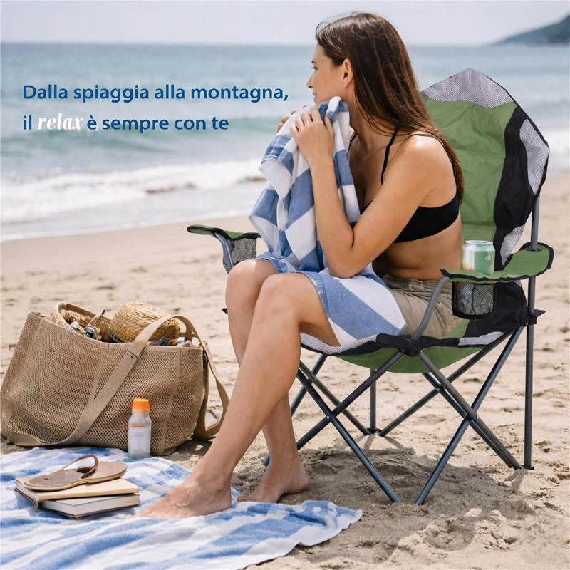 SET 2 SEDIE DA CAMPING IN TESSUTO VERDE CON CHIUSURA A FISARMONICA POGGIOLI E PORTA BEVANDE 60X90X105 CM
