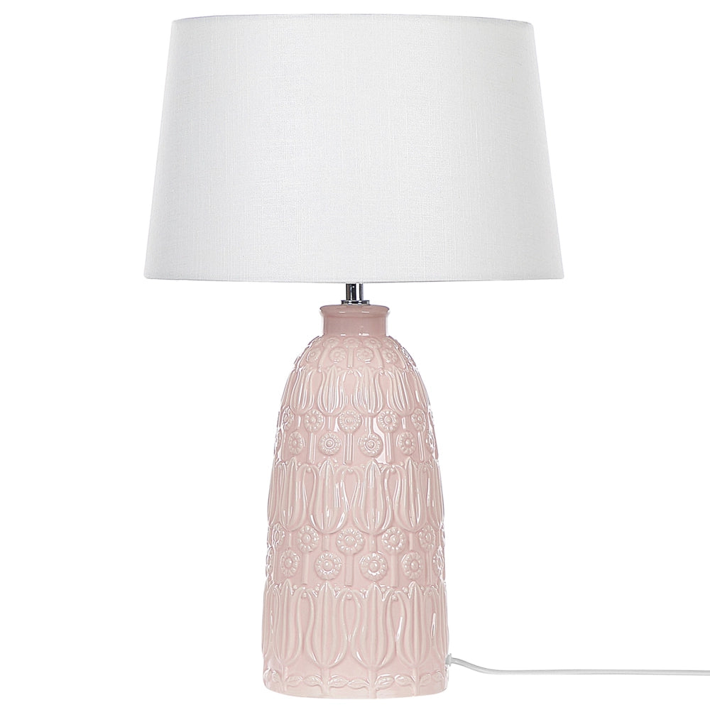 Lampada da tavolo in ceramica rosa con base ornata in tessuto bianco con paralume in tessuto Boho Rustic Design Home Illuminazione