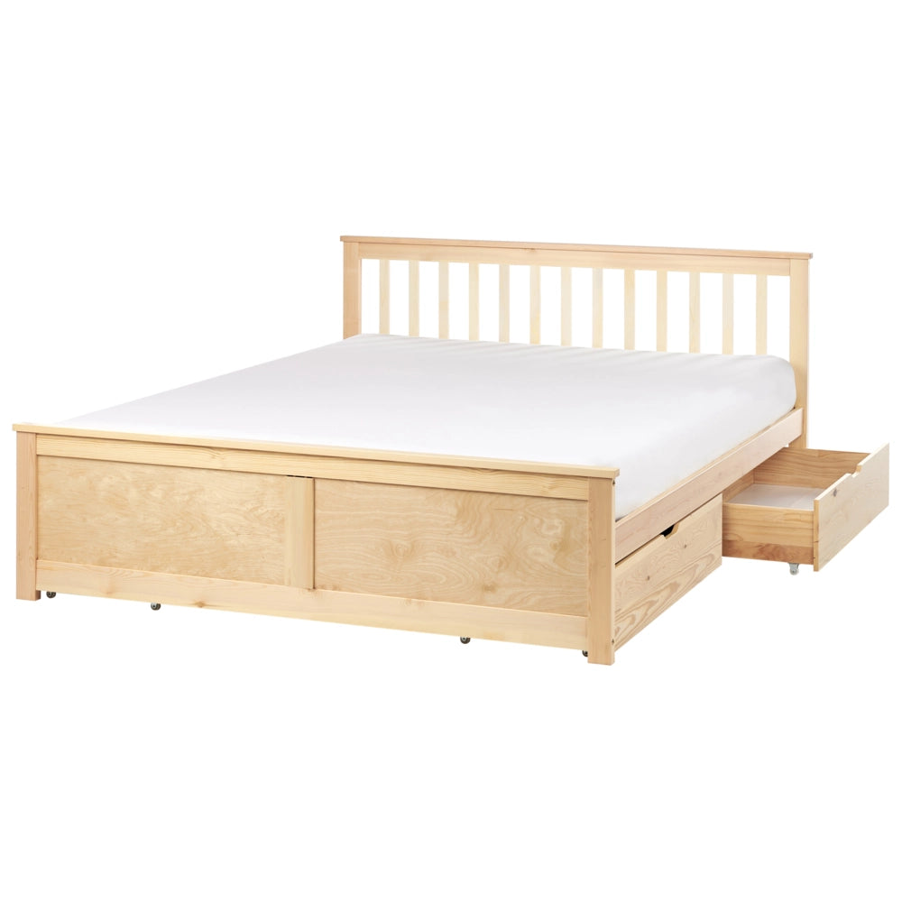 Letto in pino MDF con rete e contenitore 4 cassetti testata minimalista 160 x 200 cm marrone chiaro