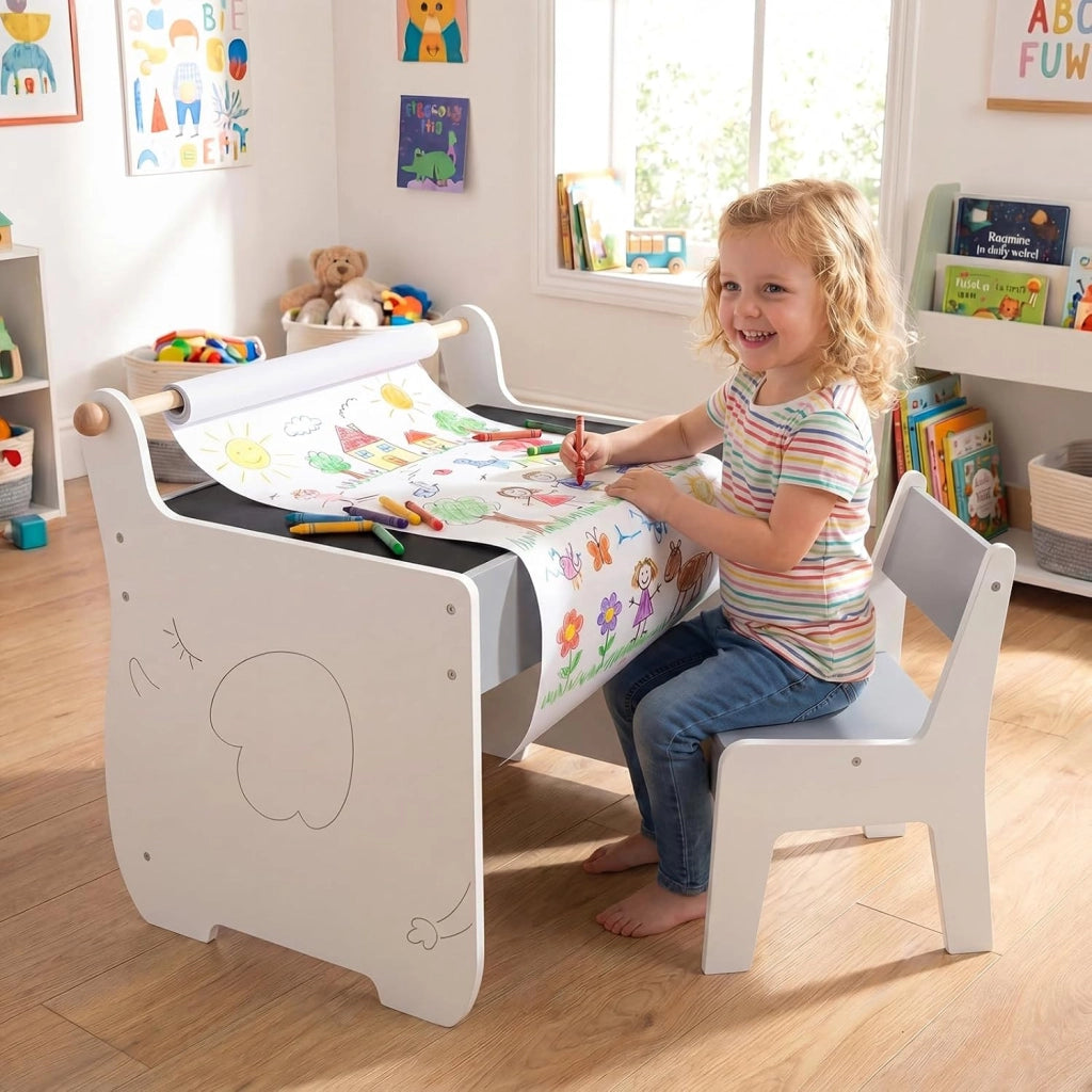 Set Tavolo e Sedia per Bambini 2 in 1, Set con Scrivania e Sedia in Legno per Bambini con Piano Rimovibile, Spazio di Archiviazione e Porta Rotolo di Carta per Aula e Cameretta (Grigio+Bianco)
