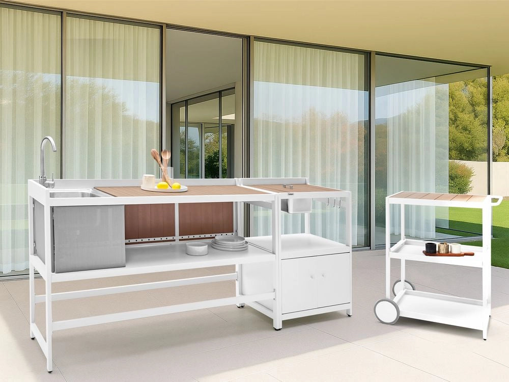Set di 3 elementi per cucina all'aperto Bianco Alluminio Armadio di stoccaggio Isola Lavello Carrello Stazione di cucina all'aperto