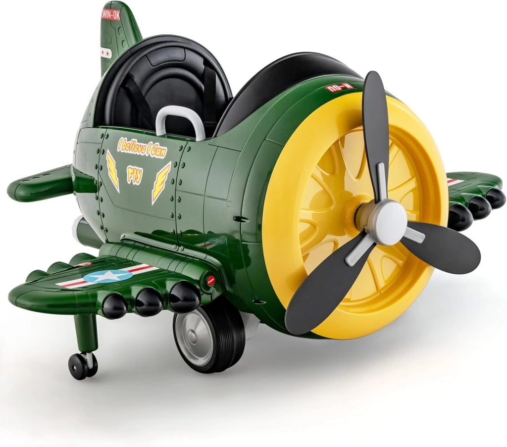 Macchina Elettrica a Forma di Aereo per Bambini, Aeroplano Elettrico Cavalcabile con Telecomando Alare Pieghevole e Elica Rotante, Cruscotto Illuminato, per Bambini 3 Anni+ (Verde)