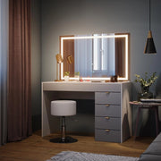 Tavolo da toeletta Elise, Bianco/grigio/grigio, 115 cm con specchio LED e sgabello, con illuminazione LED e seduta girevole regolabile in altezza