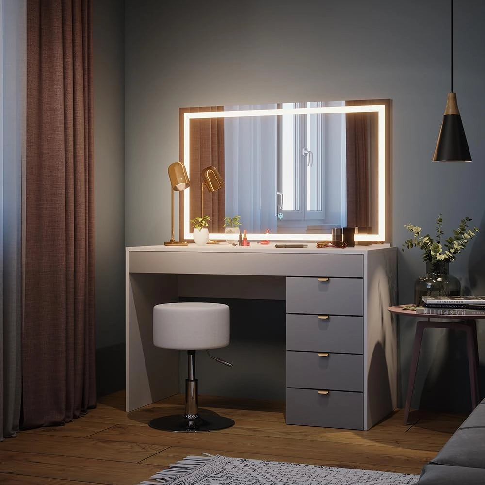 Tavolo da toeletta Elise, Bianco/grigio/grigio, 115 cm con specchio LED e sgabello, con illuminazione LED e seduta girevole regolabile in altezza