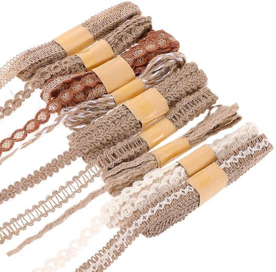 Nastro di juta 9 rotoli - Materiale naturale - Juta vintage - Tela di cotone con bordo - 2 metri per rotolo - Stile rustico