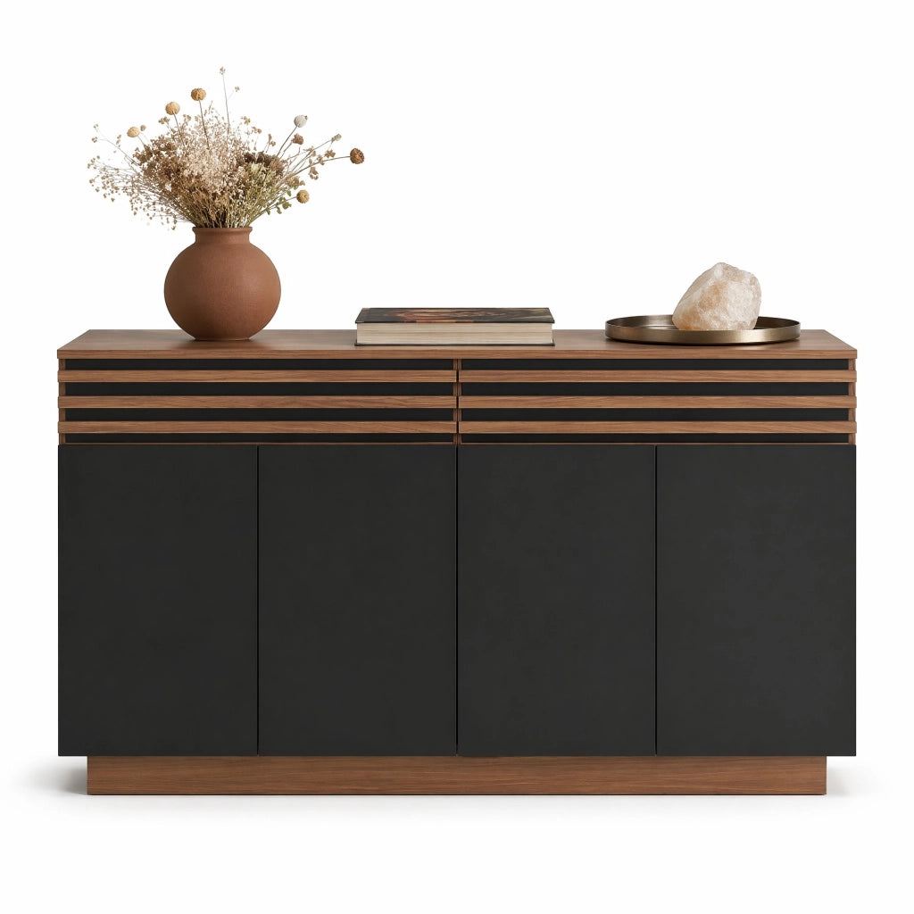 Credenza moderna in MDF 150 x 40 x 85 cm; effetto legno marrone e ante nere