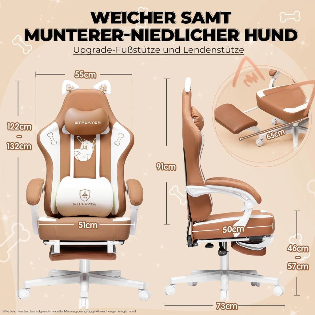 Carina sedia da gioco, sedia da gioco, sedia da ufficio, ergonomica, con orecchie di gatto, memory foam e poggiapiedi, 150 kg, in similpelle, marrone