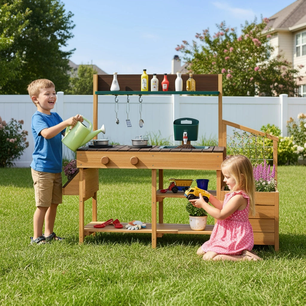 Cucina da esterno in legno per bambini 3-8 anni con accessori realistici-Cucina da gioco con cassettiera per piante Naturale