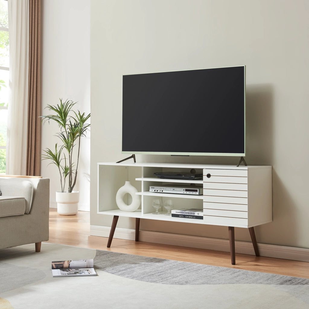 Mobile TV Vare con Anta e Scomparti Aperti 130 x 40 x 66 cm - Bianco [en.casa]