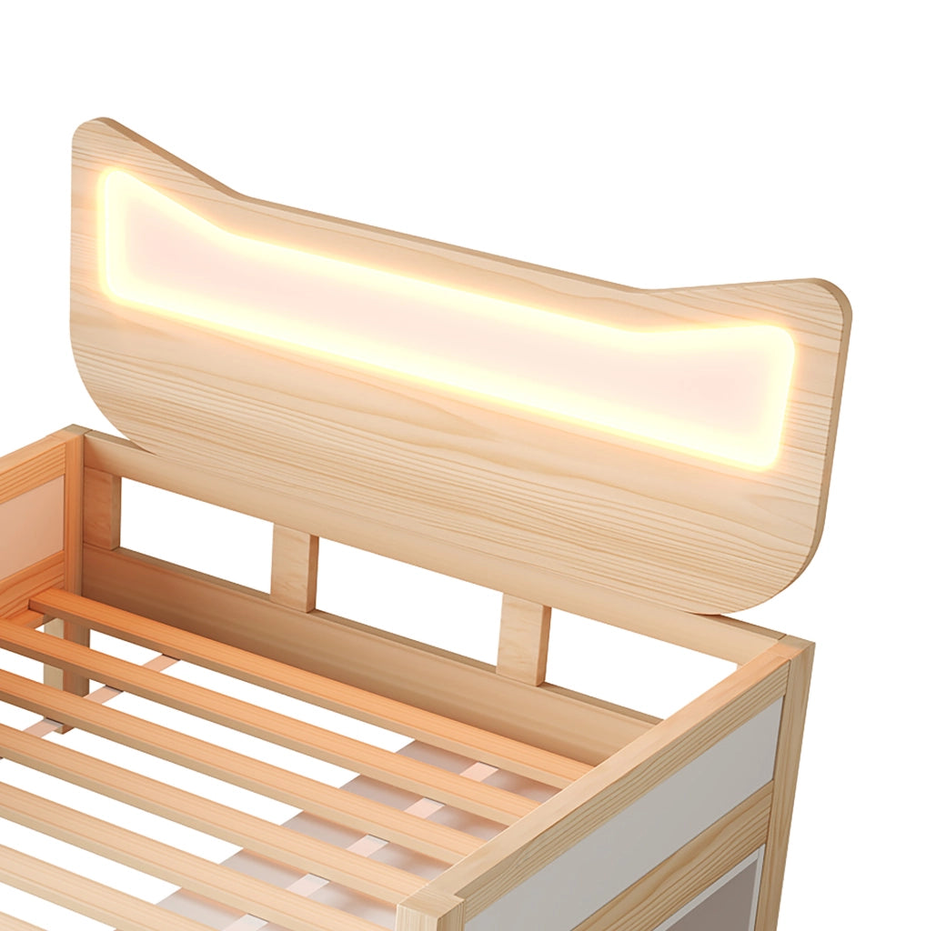 Letto per bambini con testiera a forma di gatto, LED RGB e contenitore