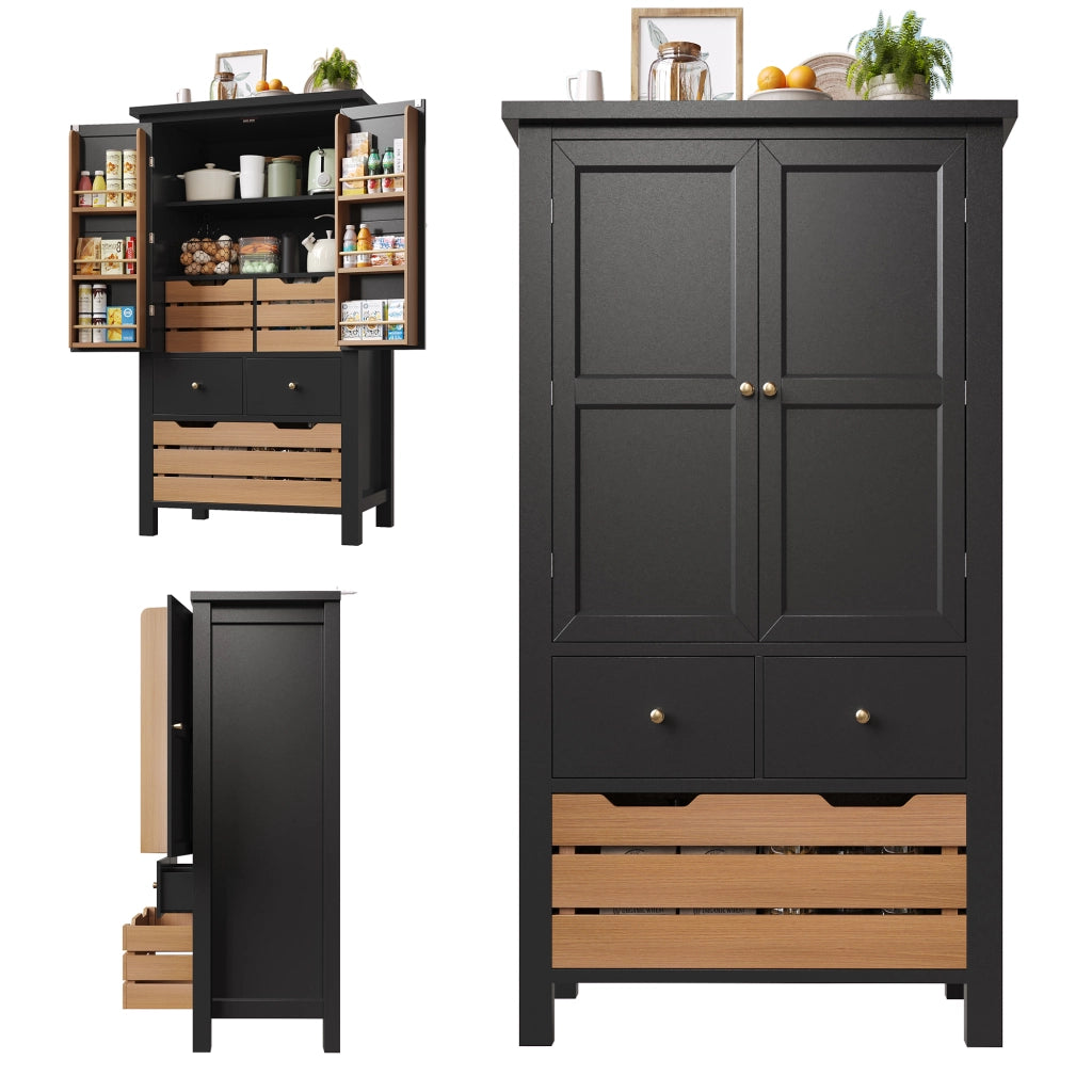 Mobile Buffet da Cucina con 2 Ante e 5 Cassetti ¨C Xylo ¨C Nero/Bianco, 80x40x140 cm