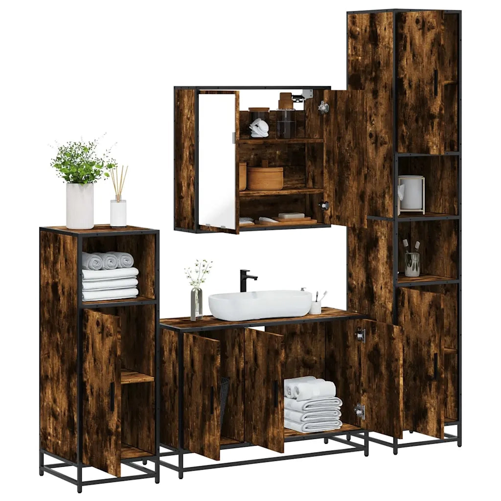 Set Mobili da Bagno 4 pz Rovere Fumo in Legno Multistrato