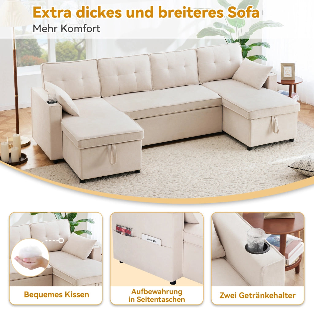 DIVANO LETTO U-forma 270 x 130 x 86 cm Beige in cotone e lino