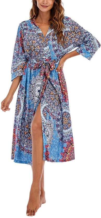 Kimono da notte per donna, 3/4 manica, V-collo, lunga, per abbigliamento da sera, PAT3 M