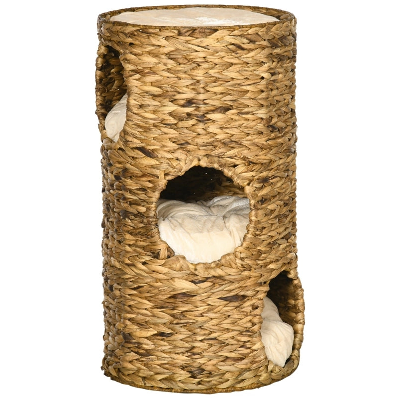 Tiragraffi per gatti a 3 livelli con 3 cucce, design naturale in giacinto d’acqua, Ø40 x 73 cm