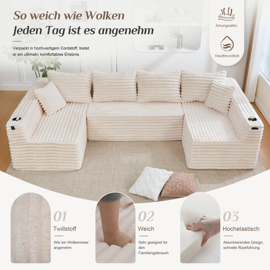 Divano modulare a U con portabicchieri, tasca laterale e cuscini in tessuto cord beige 320 × 155 × 88 cm