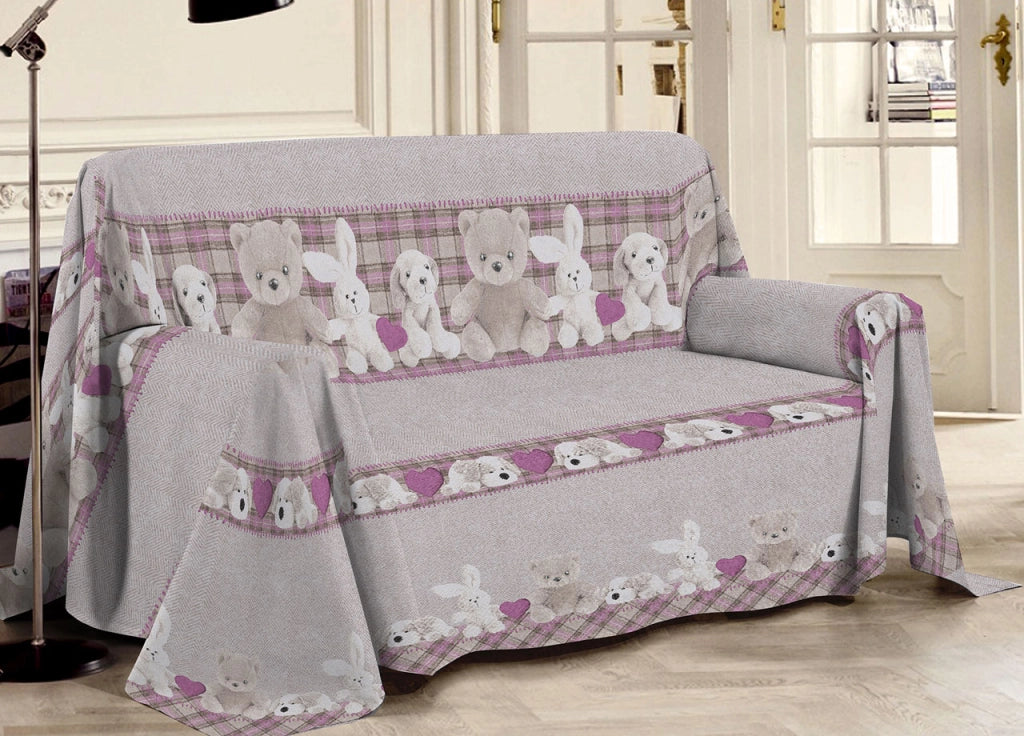 Telo Arredo Multiuso Linea Pensieri Delicati In 100% Cotone Disegno Peluches - Matrimoniale - Rosa