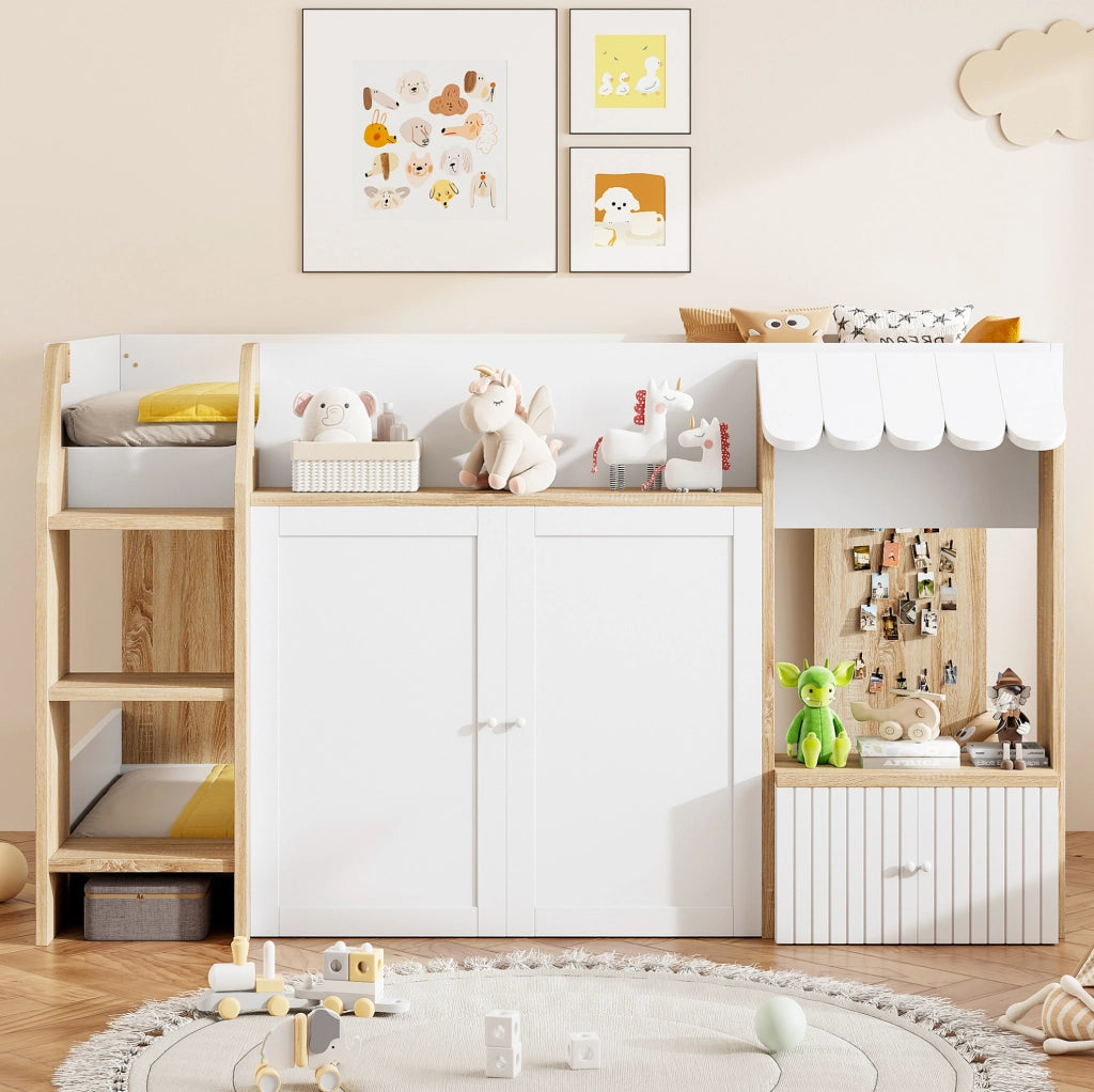 Letto a soppalco per bambini 90x200 cm a casetta, bianco e legno naturale