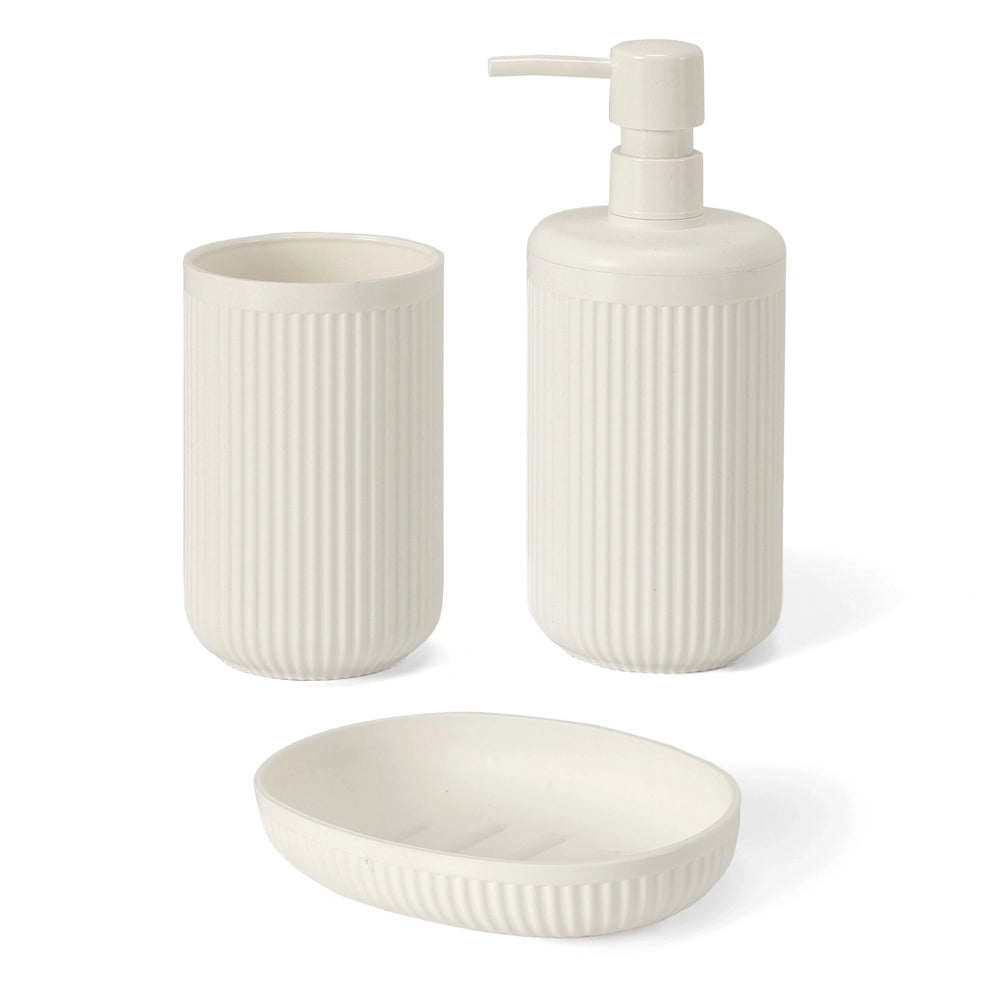 Set accessori bagno 3 pz con dispenser portaspazzolino e portasapone bianco crema cannettato Arizona