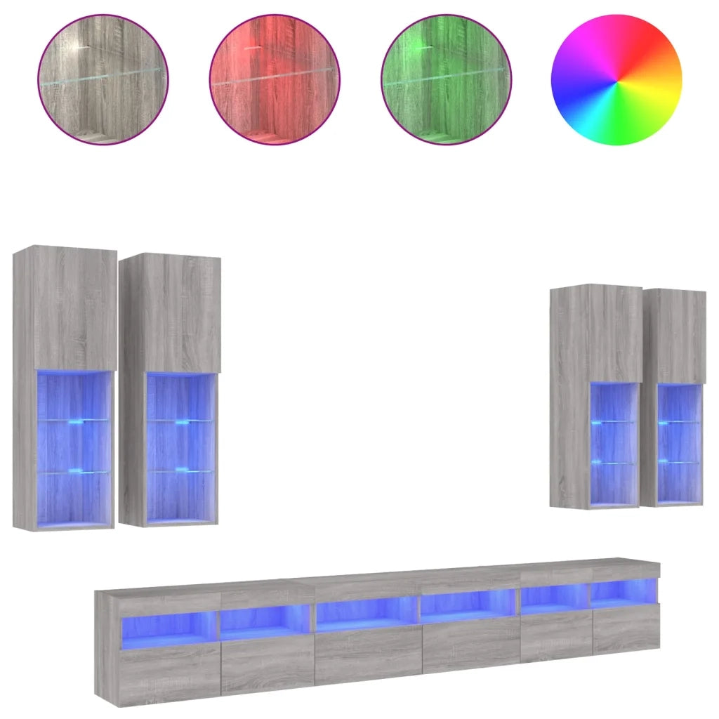 vidaXL Set Mobili TV a Muro 7 pz con Luci LED Grigio Sonoma