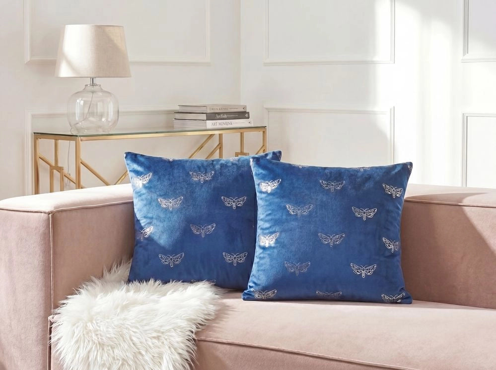 Set di 2 cuscini sparsi in velluto blu 45 x 45 cm Cuscino da lancio con motivo a farfalla Sfoderabile con imbottitura