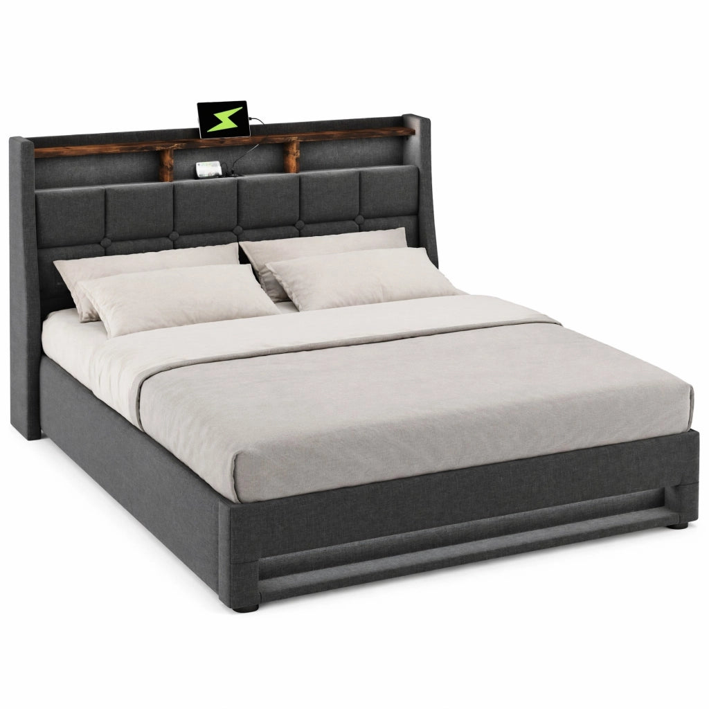 Letto matrimoniale 160x200 cm imbottito con LED e USB; in lino grigio; con contenitore