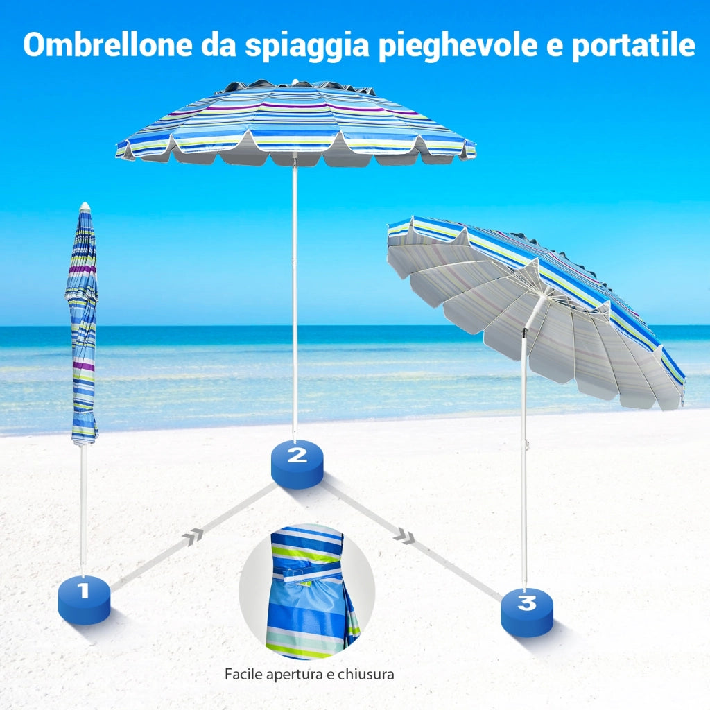 Ombrellone 2,43m da spiaggia con protezione solare UPF50+ inclinato, Ombrellone portatile da esterno Azzurro