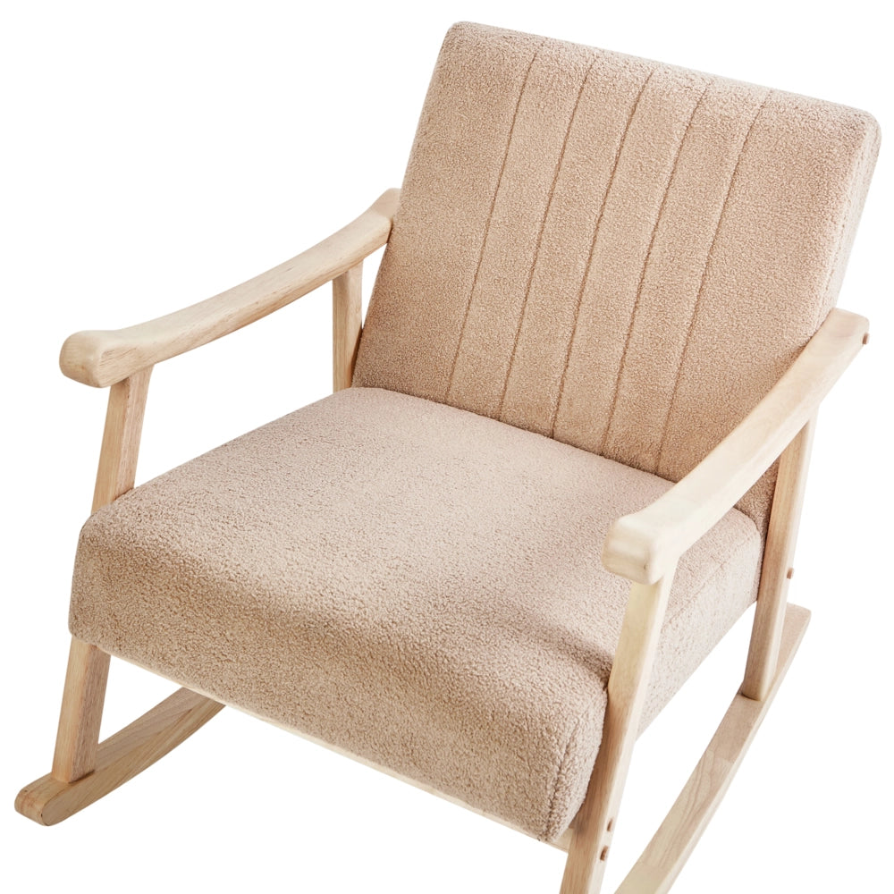 Poltrona a dondolo con rivestimento in bouclé beige gambe in legno di gomma e braccioli Soggiorno Cameretta