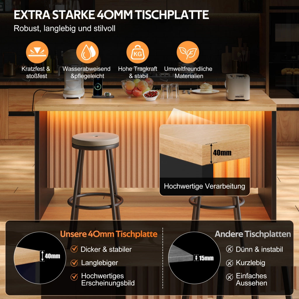 Mobile cucina con LED, 2 prese e 2 USB, piano da 40 mm, per cucina aperta, in MDF nero e naturale 155 × 80 × 90 cm