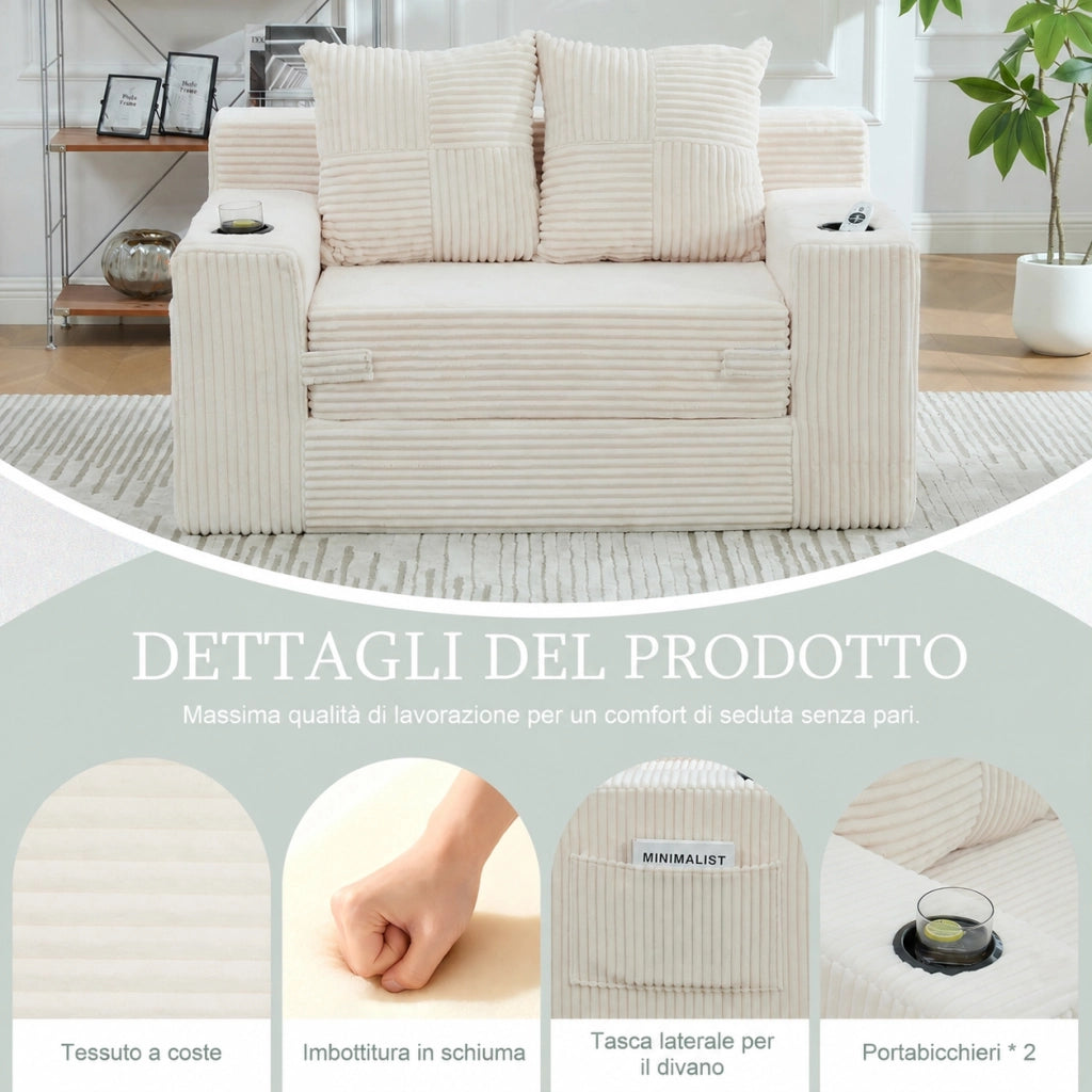 Divano letto a due posti beige in velluto a coste con contenitori laterali