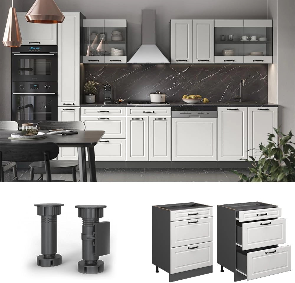 Mobiletto base per cucina R-Line, Bianco casa di campagna, 60 cm con cassetti, senza piano di lavoro, per la libera combinazione all'interno di sistemi cucina modulari