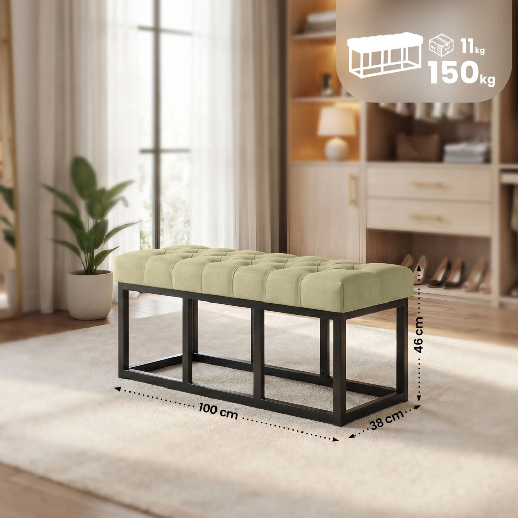 Panca design AMUN in metallo nero opaco e tessuto Tortora,100 cm