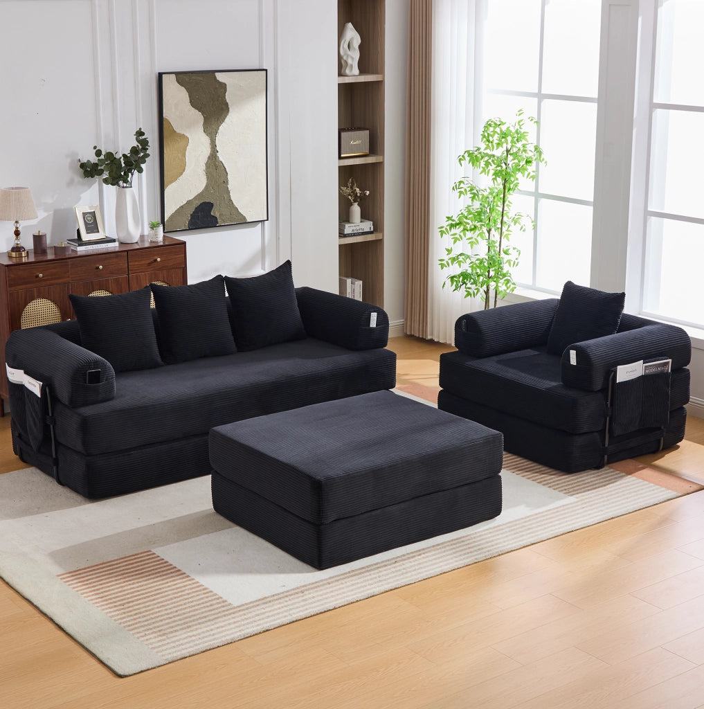 Divano modulare 3 posti con poltrona e pouf in velluto a coste nero HOMVRA