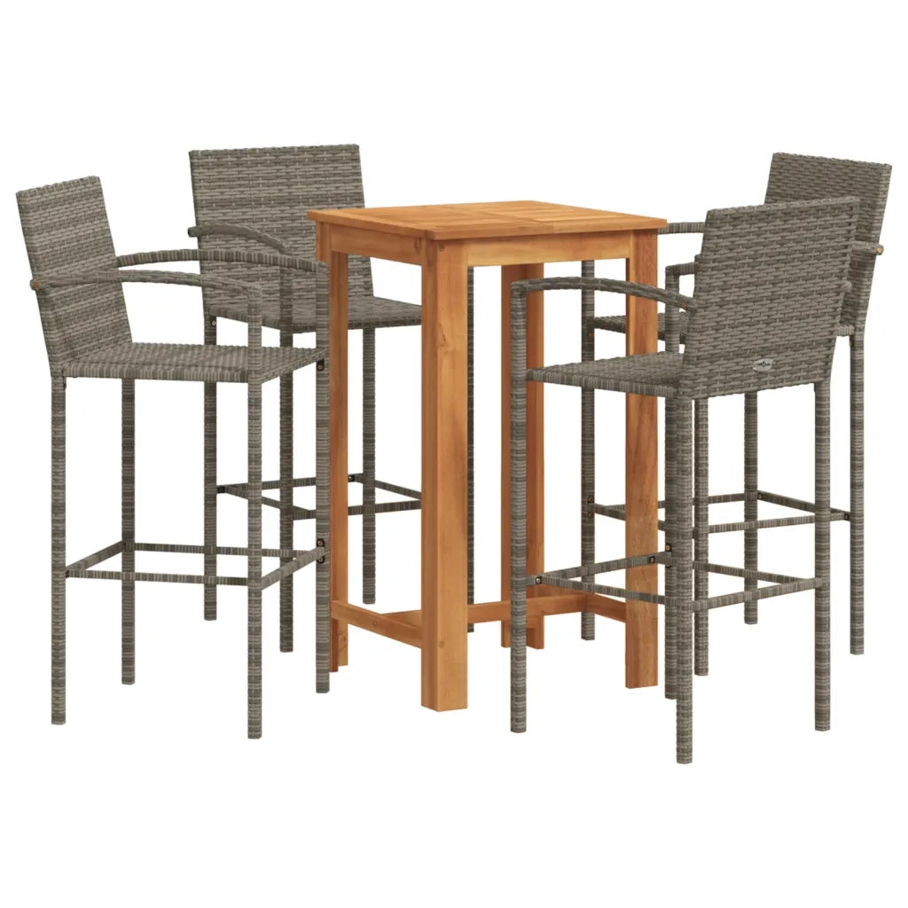 Set Bar Giardino 5pz | Set Salotto da Giardino Grigio Legno Massello Acacia e Polyrattan