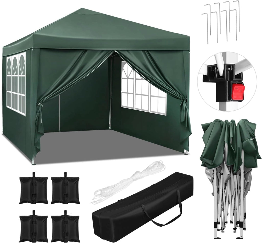 Gazebo da Giardino Richiudibile 3x3m Gazebo da Esterno in Ferro Regolabile in Altezza Tendone Pieghevole con Telo Impermeabile,Set di 4 Sacchi di Sabbia, Facile da Montare Verde