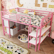 OKWISH Letto a Soppalco 90×200 cm, Letto Singolo con Scala Larga, Cassetti, Mensole e Angoli Arrotondati, senza Materasso, Rosa