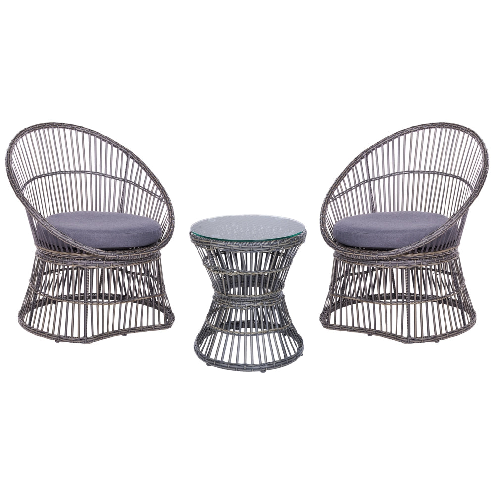 Set di bistrot tavolo e 2 sedie in rattan e vetro temperato tortora balcone terrazzo giardino esterno