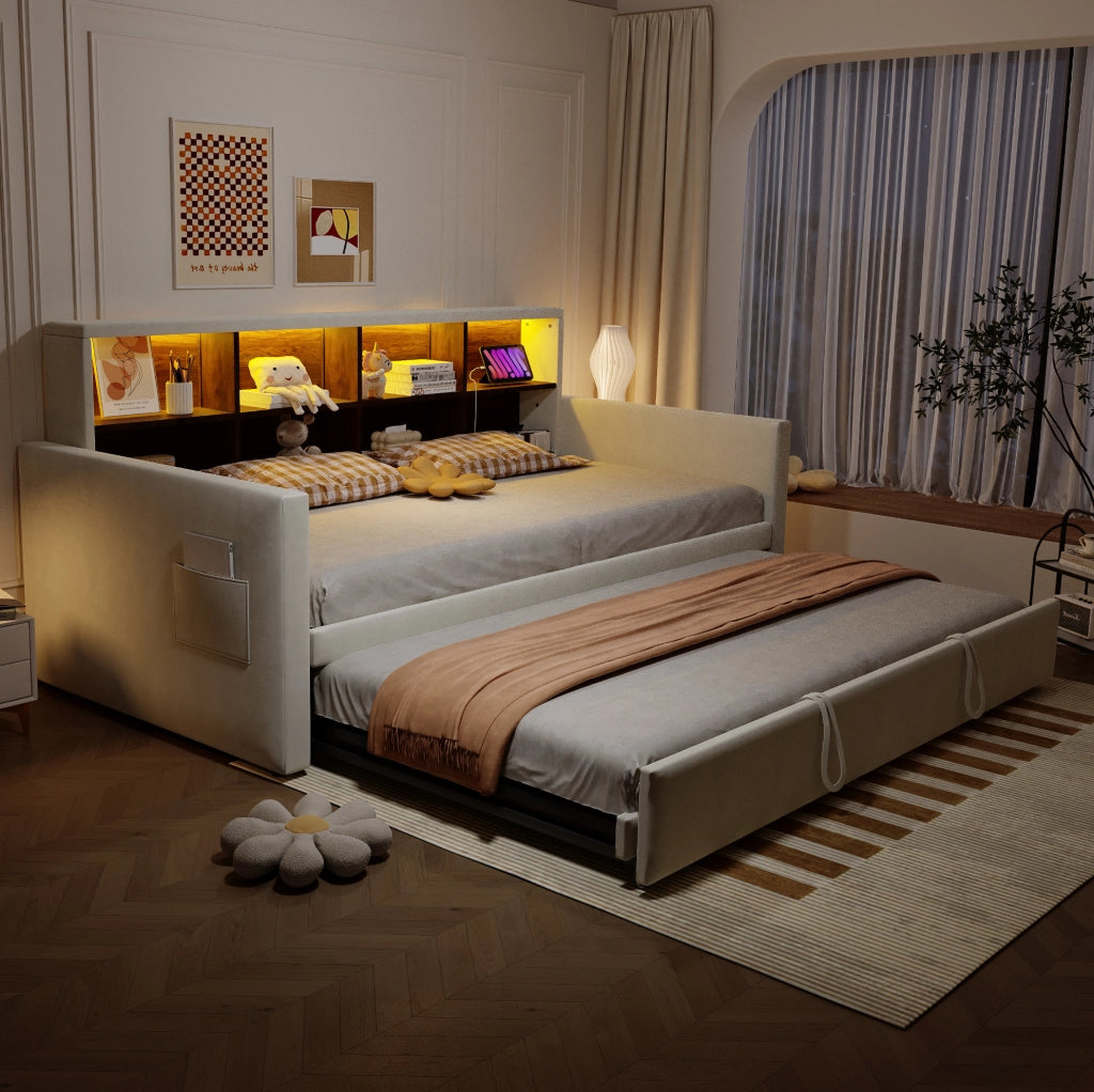Divano letto imbottito 90x190 cm con letto estraibile; LED; prese USB/Type-C; velluto beige