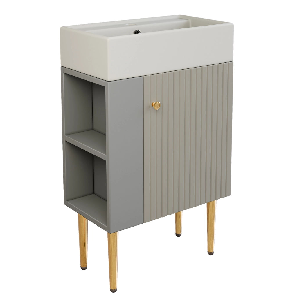 Mobile bagno freestanding ULEVR con lavabo integrato, vano contenitore e ripiani laterali, grigio e bianco
