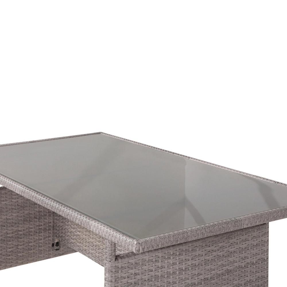 Tavolo da pranzo in vimini grigio per esterni, 145 x 80 cm piano rettangolare in vetro temperato 4 posti a sedere