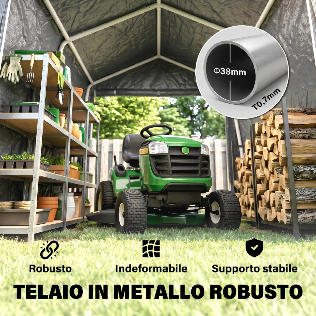 Tendone Garage per Auto, Moto e Attrezzi, in Metallo e Tessuto PE, 280x240x240 cm, Grigio