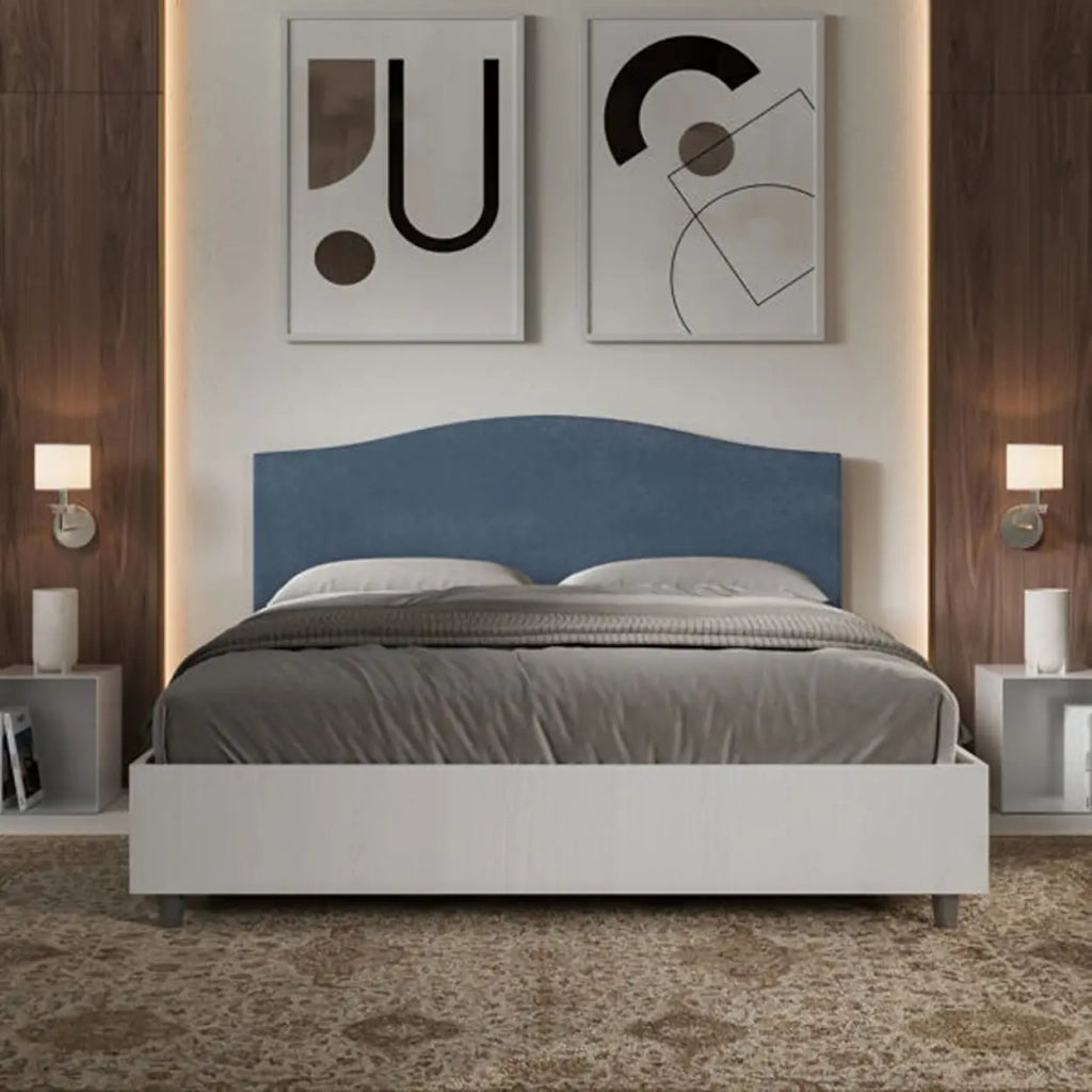 Letto matrimoniale contenitore 160x190 bianco frassino testata microfibra blu Grace