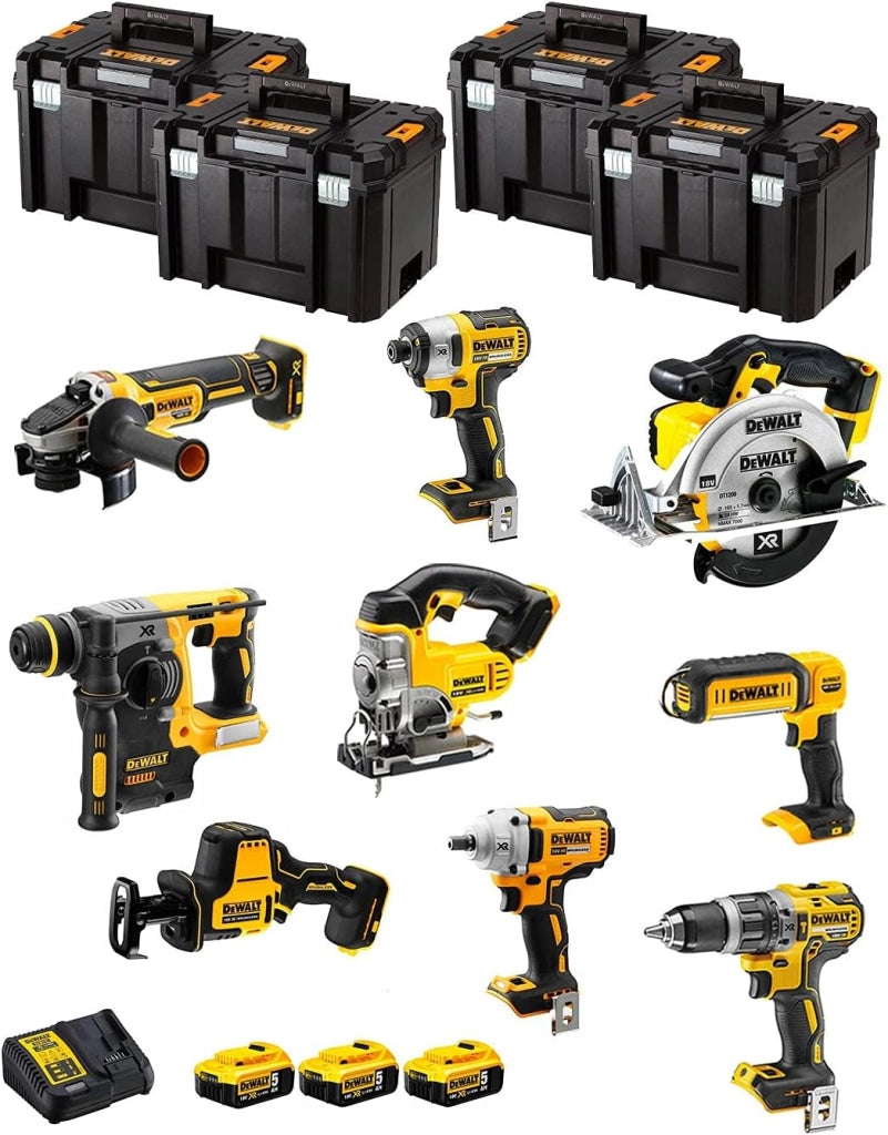 DeWALT Kit DWK900T (DCD796 + DCH273 + DCG405 + DCF887 + DCF894 + DCS331 + DCS391 + DCS369 + DCL050 + 3 Batterie 5,0 Ah + Caricabatterie + 4 x TSTAK VI)
