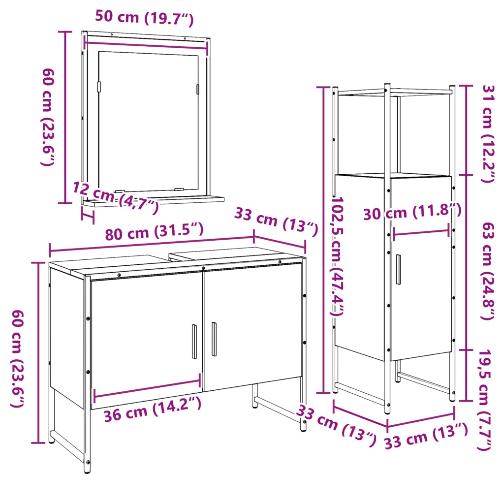 Set di mobili per bagno 3 pezzi in legno vecchio in legno ingegnerizzato