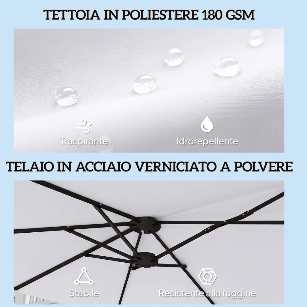 Ombrellone Doppio a 12 Stecche con Manovella, in Metallo e Poliestere, 4.6x2.7 m, Bianco