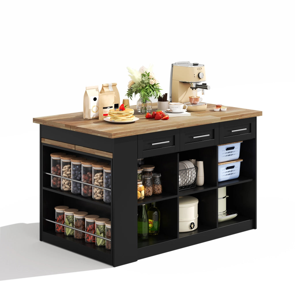 Isola da Cucina 150/246x90x90 cm Nera e Legno Naturale con Tavolo Estraibile 96 cm; 6 Cassetti e Ripiani
