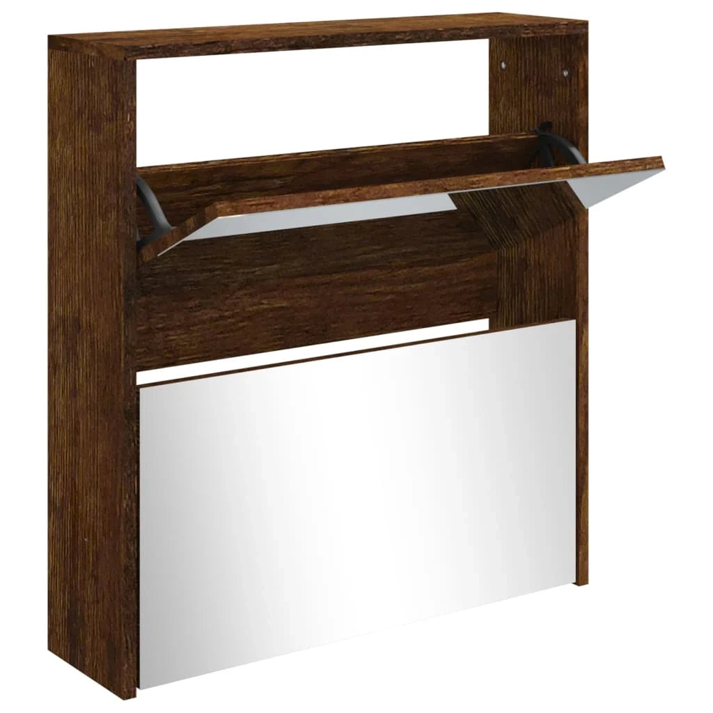 Scarpiera mobiletto portascarpe mobile ingresso/corridoio/soggiorno con specchio 2 livelli 63 x 17 x 67 cm marrone 02_0021893