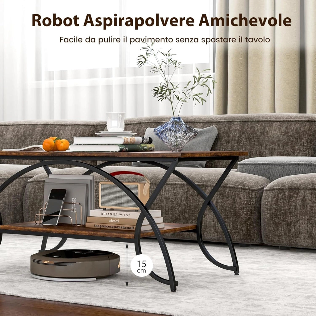Tavolino da Caffè da Salotto, Tavolino Rettangolare a 2 Livelli con Struttura in Metallo, Tavolino Elegante e Moderno per Studio, Ufficio e Soggiorno, 100 x 50 x 45 cm (marrone e nero)