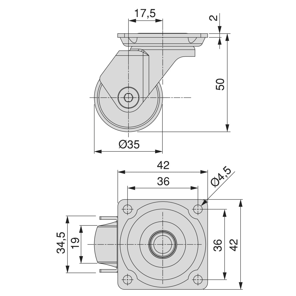 Emuca Kit di ruote Slip 3 con piastra per montaggio, Ã˜ 35, Acciaio e Tecnoplastica, 1 kit